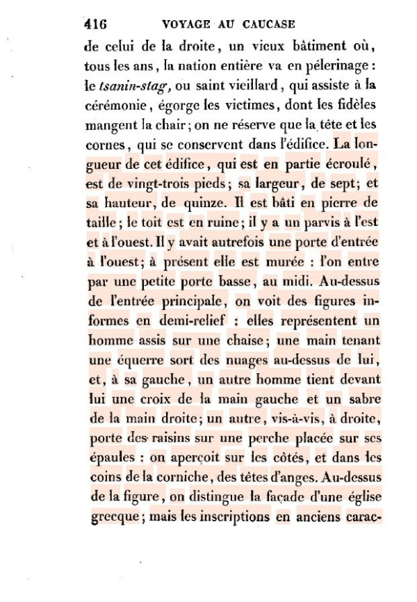 Тем временем к нам продолжает поступать информация из архивов и библиотек Франции. 

Темирханова Фатима, член команды «АСМ Групп», находящаяся постоянно в Париже, перевела отрывок из «Путешествия по Кавказу и Грузии, предпринятому Юлиусом Клапротом в 1807-1808 годах», хранящегося в Национальной библиотеке Франции.
Здание, о котором говорит автор, не упоминая названия, не что иное, как храм Тхаба-Ерды:

Длина этого здания, частично разрушенного, составляет двадцать три фута, ширина — семь, высота — пятнадцать. 
... Над главным входом видны бесформенные фигуры в полу рельефе: они изображают мужчину, сидящего на стуле. Из облаков над ним выходит рука, держащая свиток, а слева от него другой человек держит перед собой крест левой рукой и меч – правой. Другой, который с правой стороны, несет на плечах виноград на палке. По бокам и в углах карниза видны головы ангелов.
... Рядом с восточным фасадом есть каменные арки; говорят, что они сообщаются с подземными ходами, где хранятся книги и церковная утварь.

*Юлиус Клапрот — немецкий востоковед, путешественник и полиглот. Профессор азиатских языков и литературы, член Совета Азиатского общества в Париже.

Партнеры проекта - Благотворительные фонды "САФМАР" и "Возрождение".