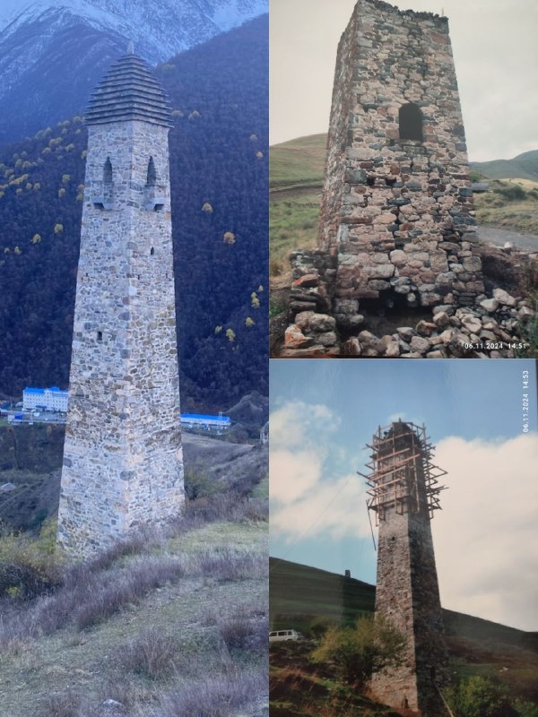 Battle towers of the tower settlement of Khyamishki - before, after and during the restoration.

Khamishki is a medieval castle-type tower complex east of Lyazhga. Two battle towers of the complex were restored in 2012.