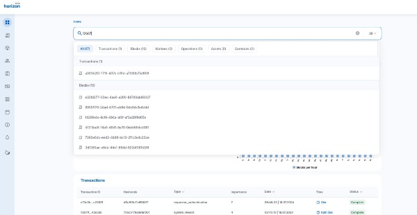 Поисковый модуль монитора операций публичной сети Горизонта включен.https://ankhorizon.com/

Реализована самостоятельная поисковая система с мгновенной индексацией всех событий и сущностей сети.

Поиск возможен по пользователям связанных систем, транзакциям, операциям, блокам, контрактам, активам, а также всем публичным параметрам сети.

При выполнении поиска запросы отправляются и обрабатываются не через публичную сеть, значительно снижая нагрузку на общие мощности сети.