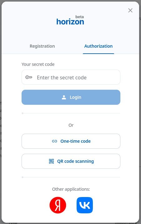Управление подключением пользователей к сети Горизонт доступны в web приложении монитора операций публичной сети.

1) Быстрая регистрация нового профиля через email.

2) Авторизация:
- через одноразовый код, который можно запросить на email, 
- при вводе секретного ключа,
- через сканирование QR с мобильного приложения.

Предусмотрены также регистрация/авторизация через сторонние приложения.

Монитор операций Горизонта - https://ankhorizon.com