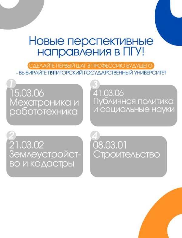 В этом году Пятигорский государственный университет, открывающий и преобразующий мир, открывает новые направления подготовки для тех, кто готов стать специалистом будущего. 

15.03.06 Мехатроника и робототехника (профиль: «Интеллектуальная сервисная робототехника»);

21.03.02 Землеустройство и кадастры (профиль: «Кадастр недвижимости»);

41.03.06 Публичная политика и социальные науки (профиль: «Стратегическое управление и администрирование в публичной политике»);

08.03.01 Строительство (профиль: «Экспертиза объектов недвижимости и реновация городских и курортных территорий»). 